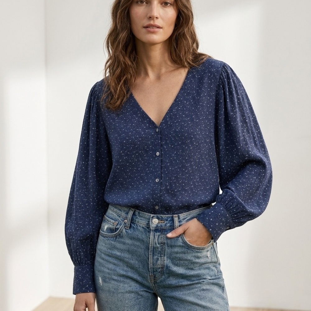 Susina Navy Blue Floral V-Neck Button Front Blouse Cottagecore Boho Size: 1X